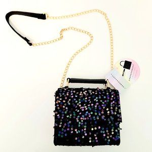 Under One Sky Celebration Sequin Crossbody Evening Purse Black Gold Chain NWT